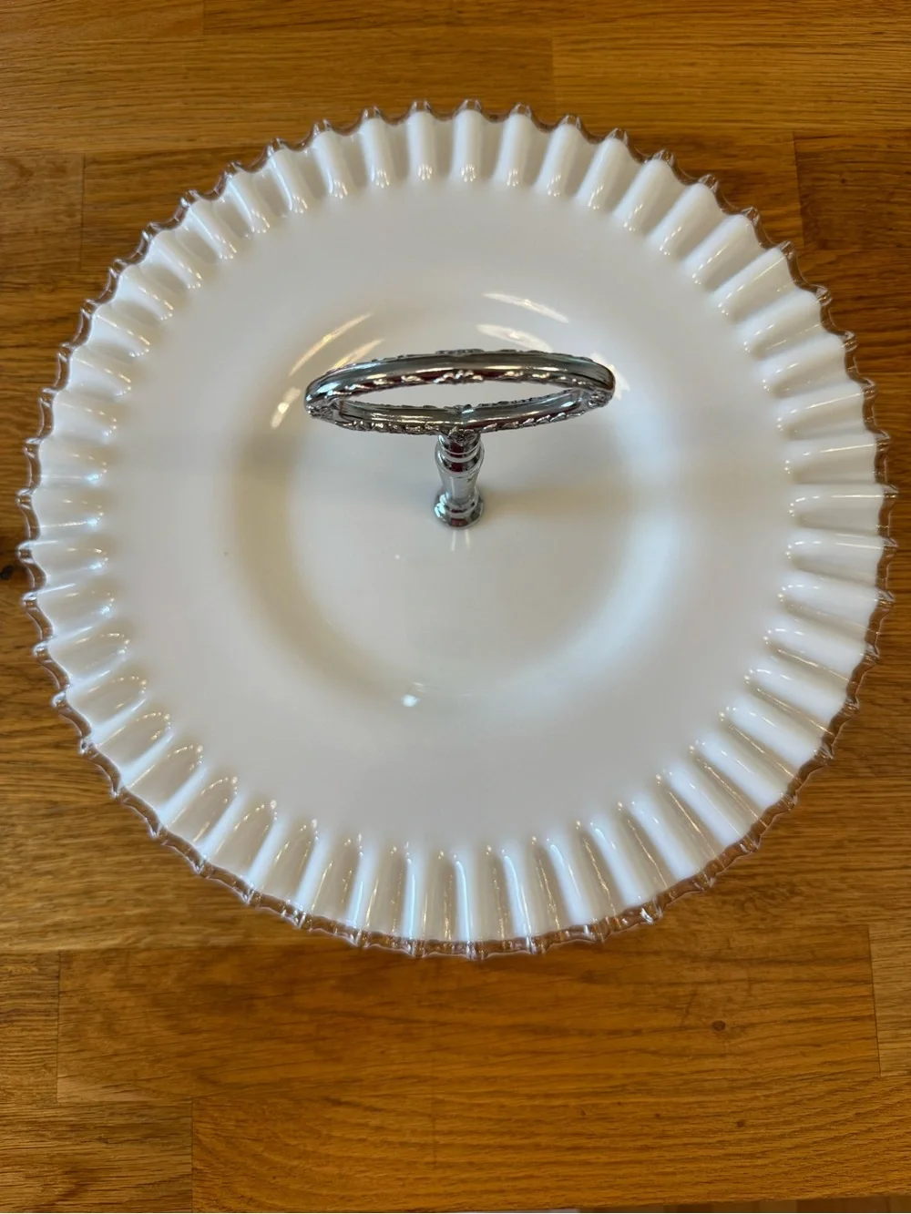 🤍 Fenton Silver Crest Milk Glass Tidbit Tray Ruffled Edge Chrome Handle | Vtg